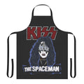 A black and white apron featuring a stylized KISS logo and spaceman design