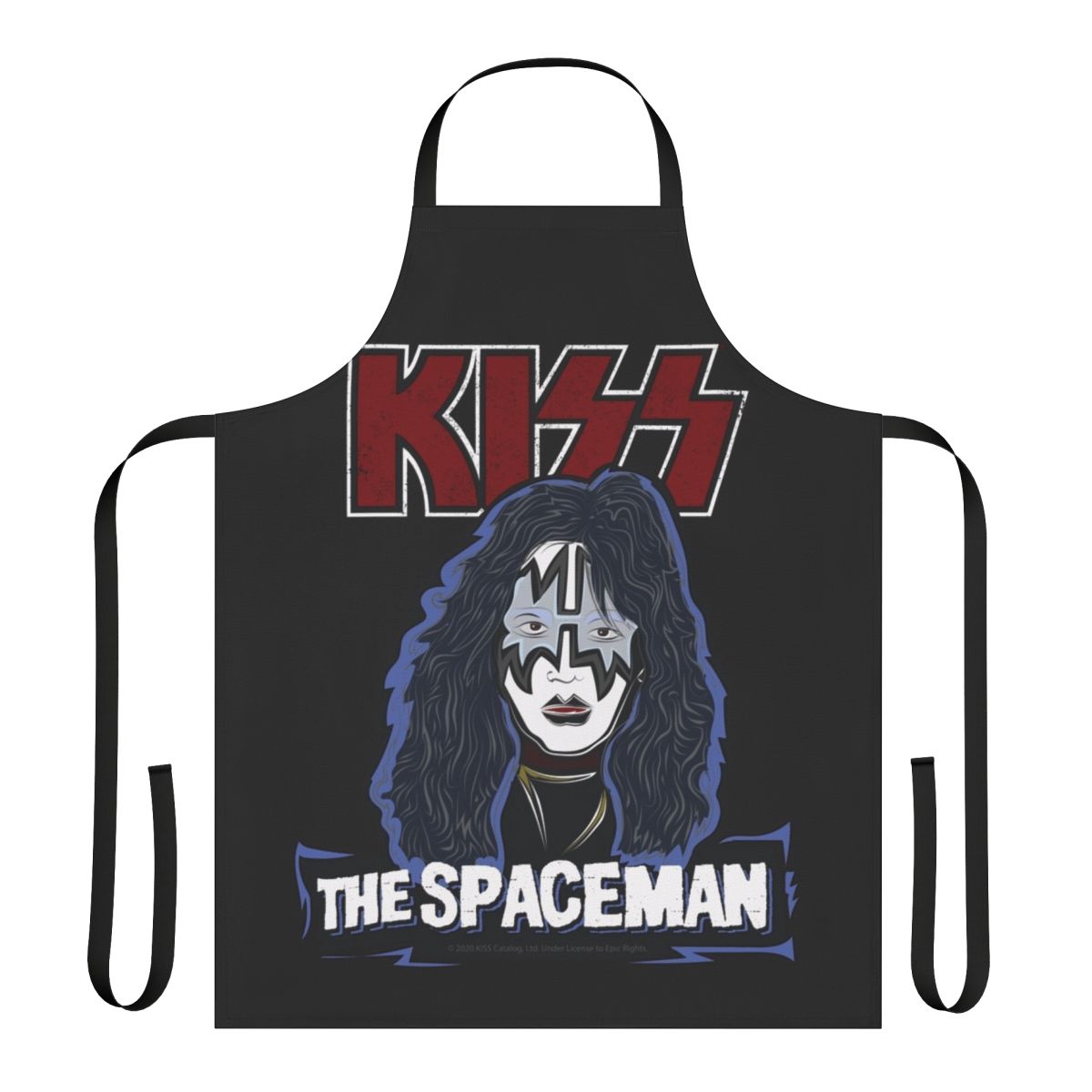 A black and white apron featuring a stylized KISS logo and spaceman design