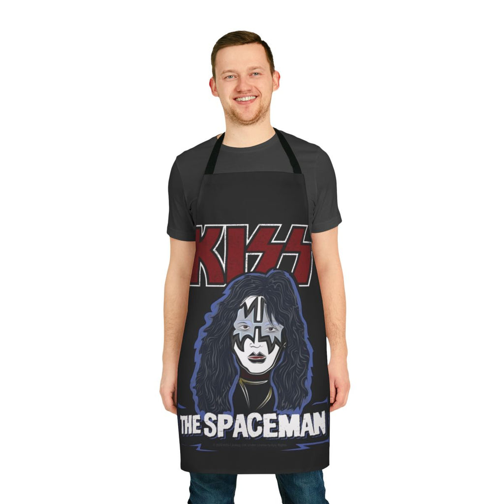 A black and white apron featuring a stylized KISS logo and spaceman design
