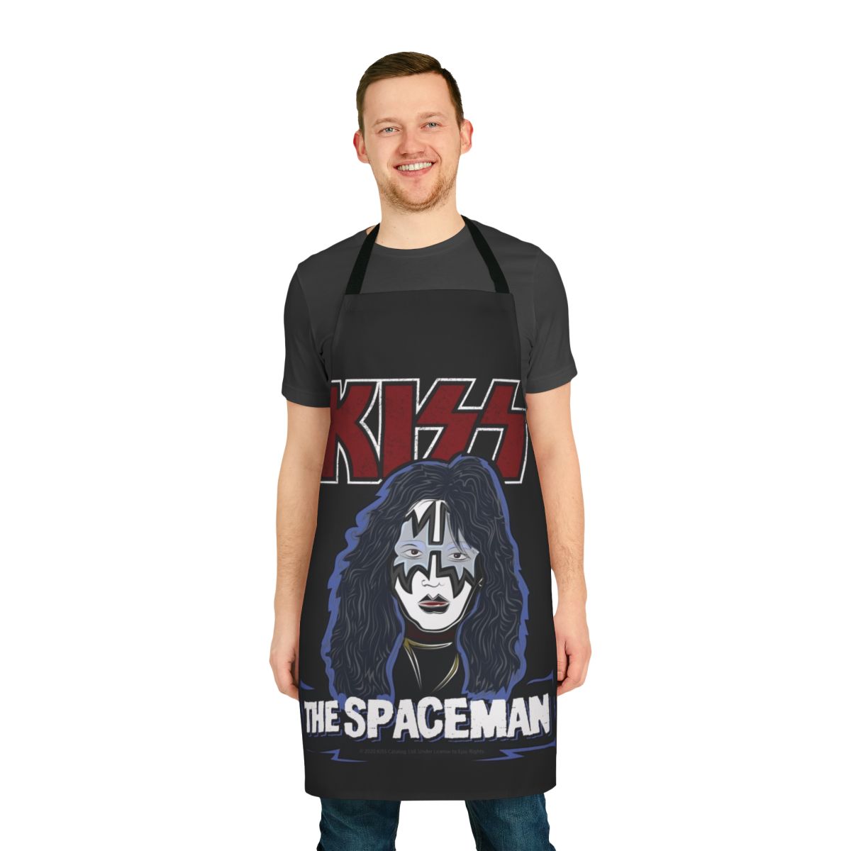 A black and white apron featuring a stylized KISS logo and spaceman design