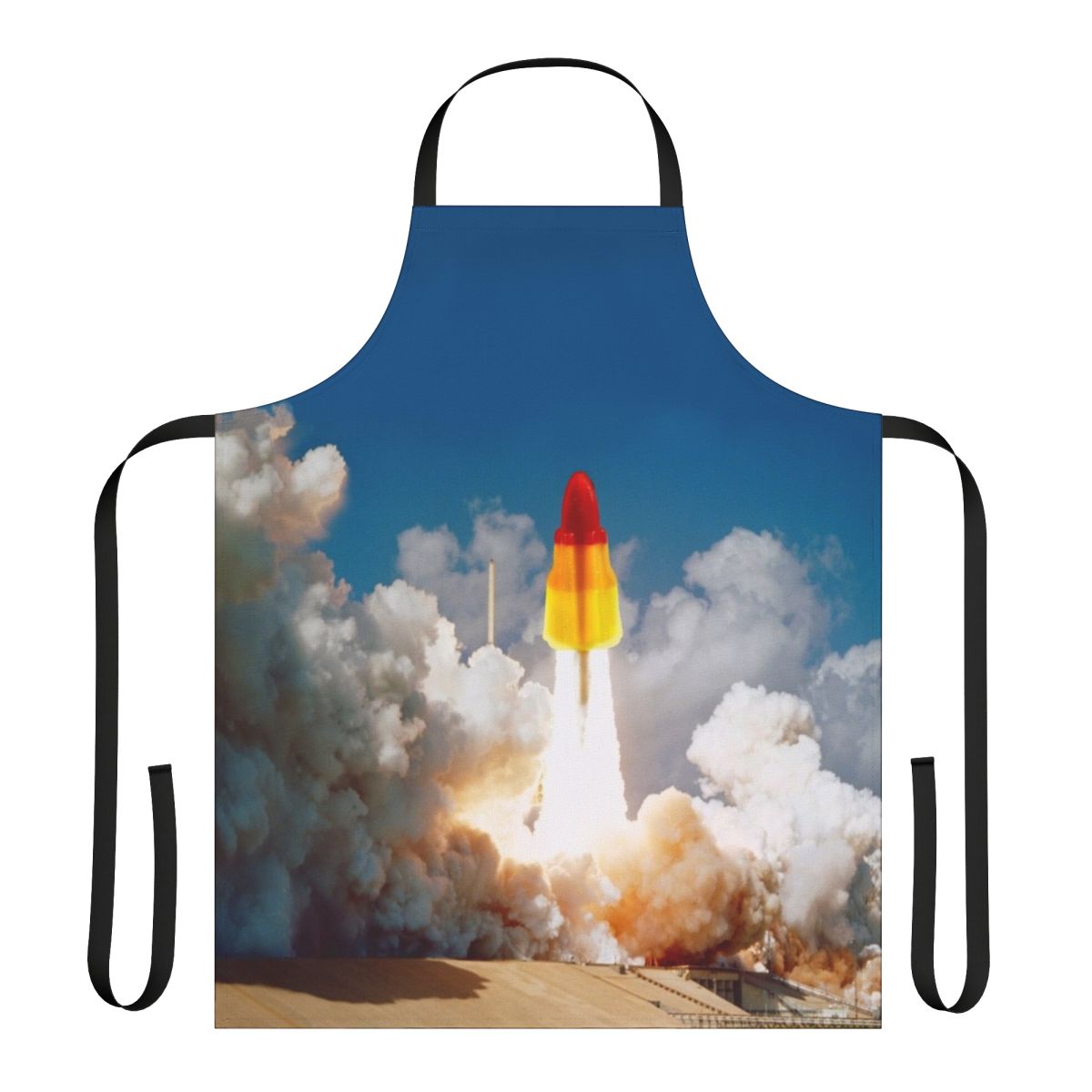 A vibrant apron featuring a retro-style rocket lolly design, perfect for space-themed kitchen decor.