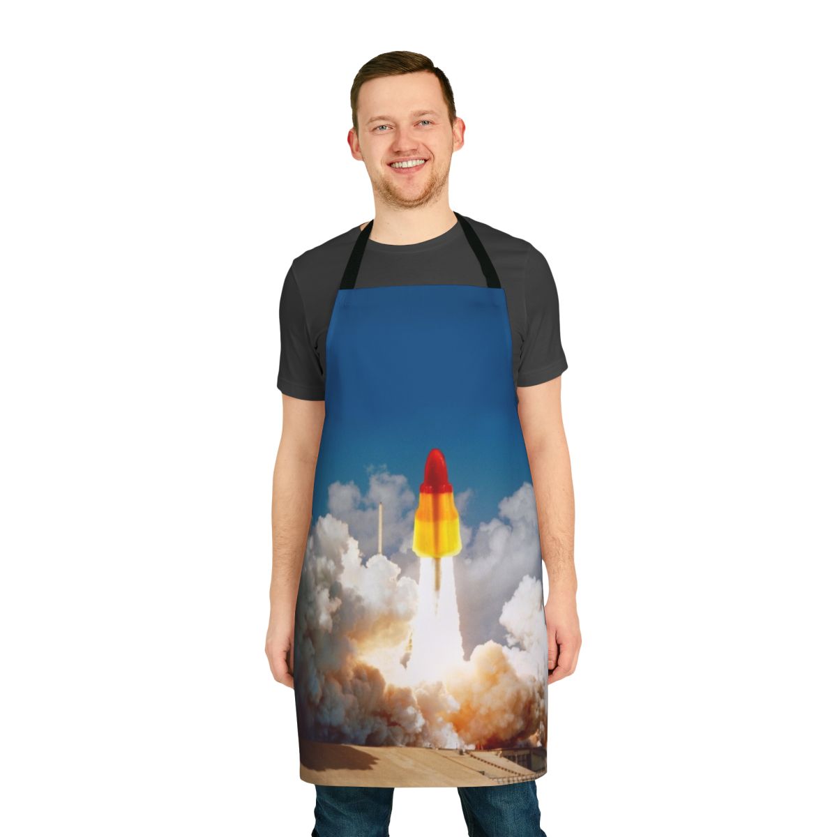 A vibrant apron featuring a retro-style rocket lolly design, perfect for space-themed kitchen decor.
