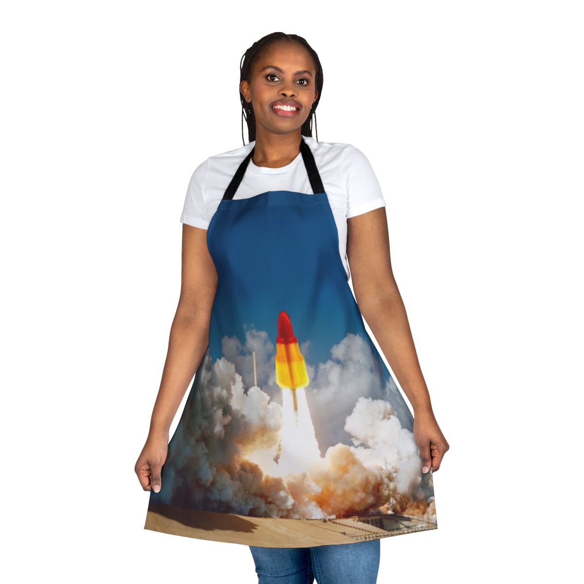 A vibrant apron featuring a retro-style rocket lolly design, perfect for space-themed kitchen decor.