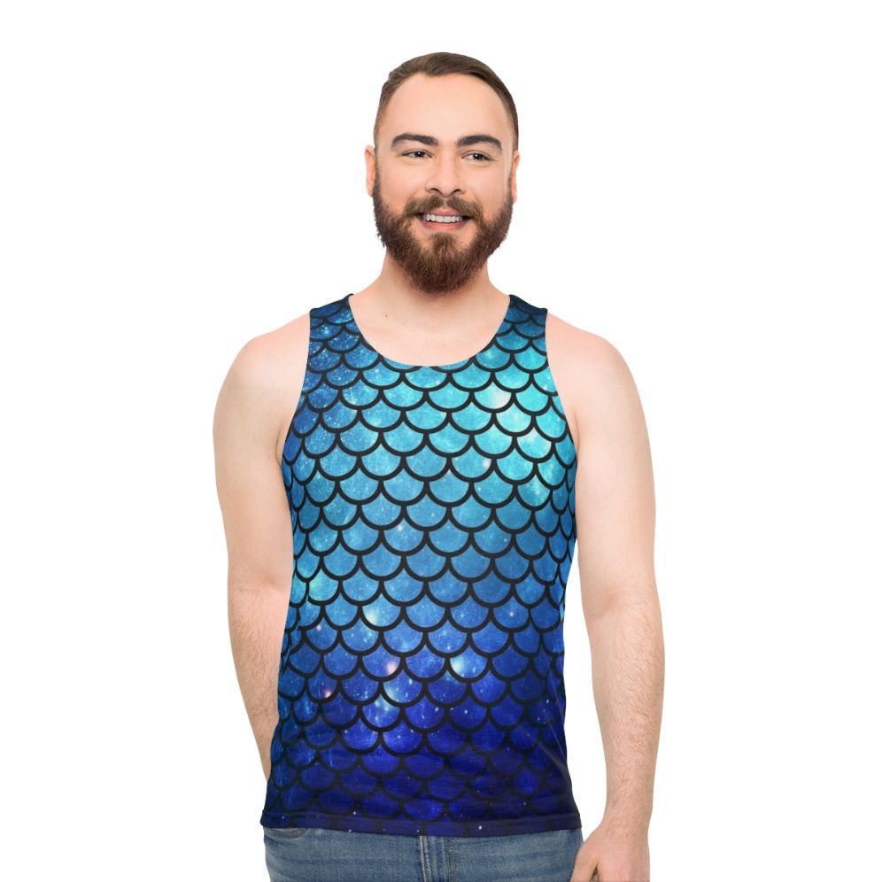 Mermaid-themed unisex tank top with galaxy print and ocean design
