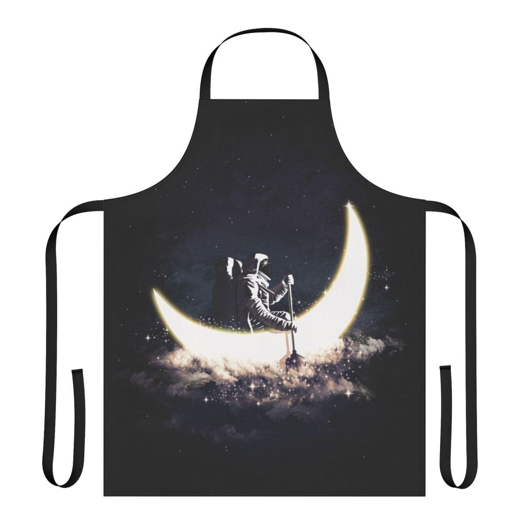 Whimsical apron featuring a surreal moonscape with a sailboat floating in the cosmic expanse