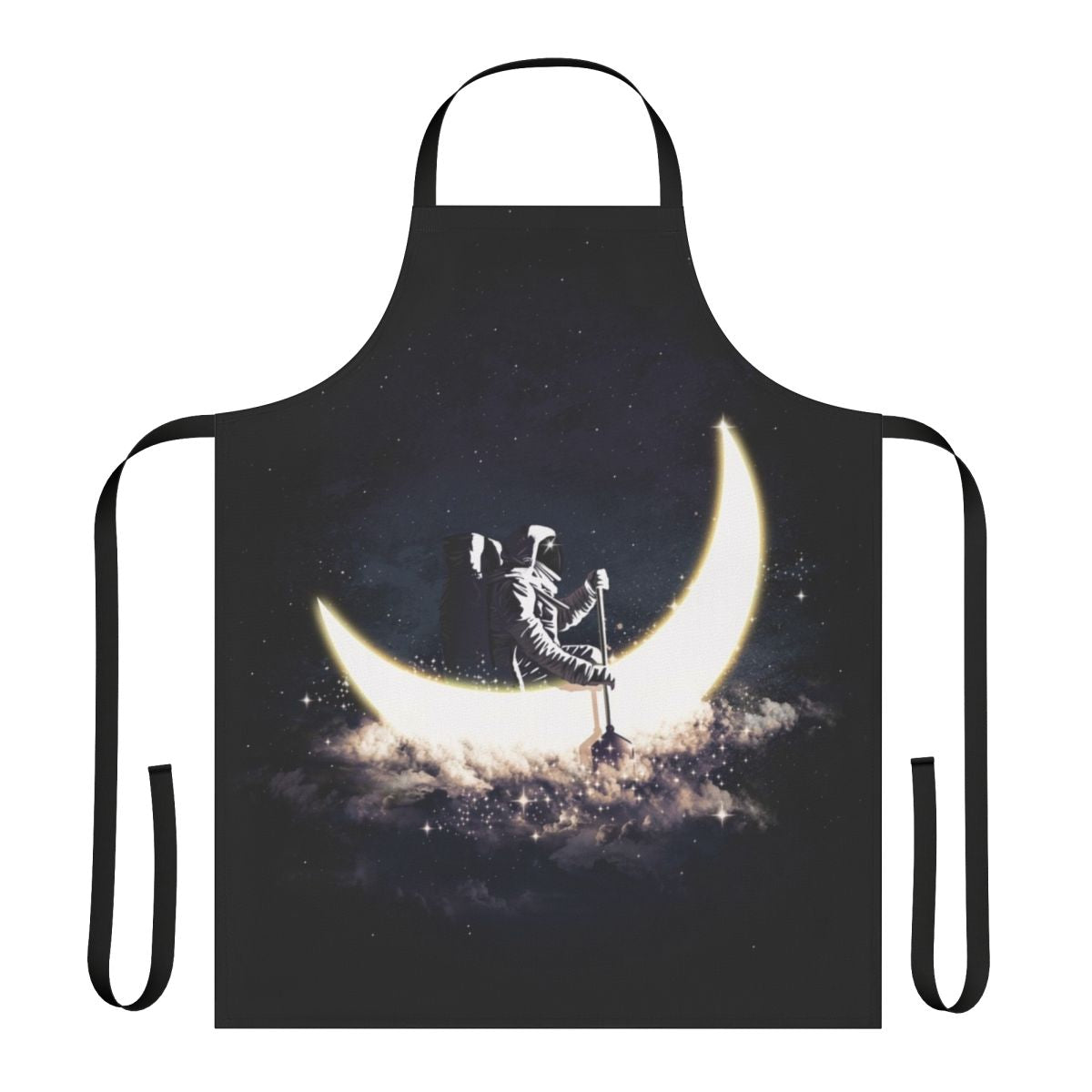Whimsical apron featuring a surreal moonscape with a sailboat floating in the cosmic expanse