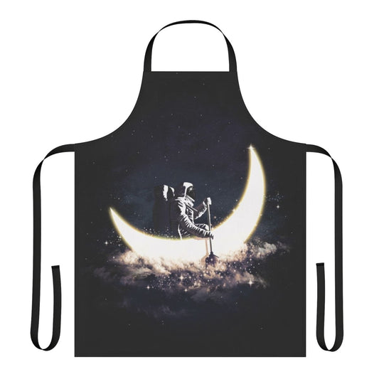 Whimsical apron featuring a surreal moonscape with a sailboat floating in the cosmic expanse