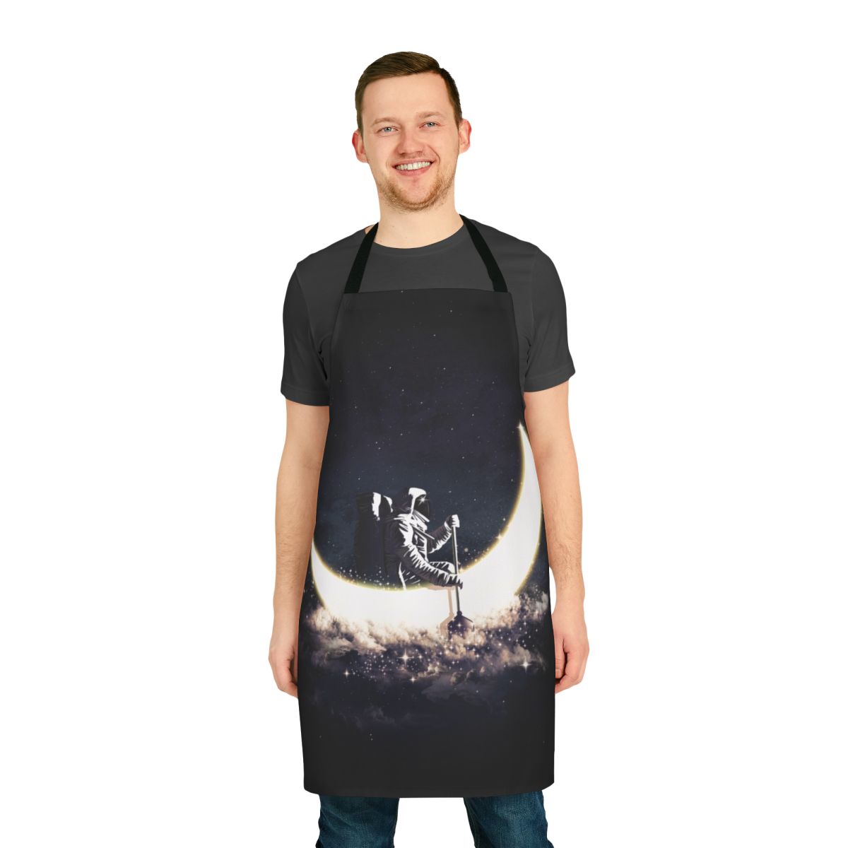 Whimsical apron featuring a surreal moonscape with a sailboat floating in the cosmic expanse