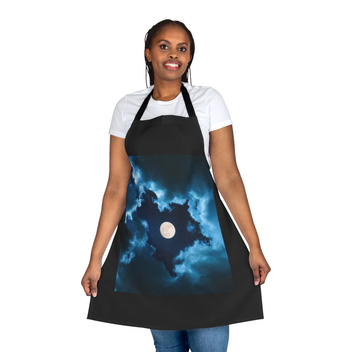 Moonshine-themed apron with a galaxy, star, and planet design