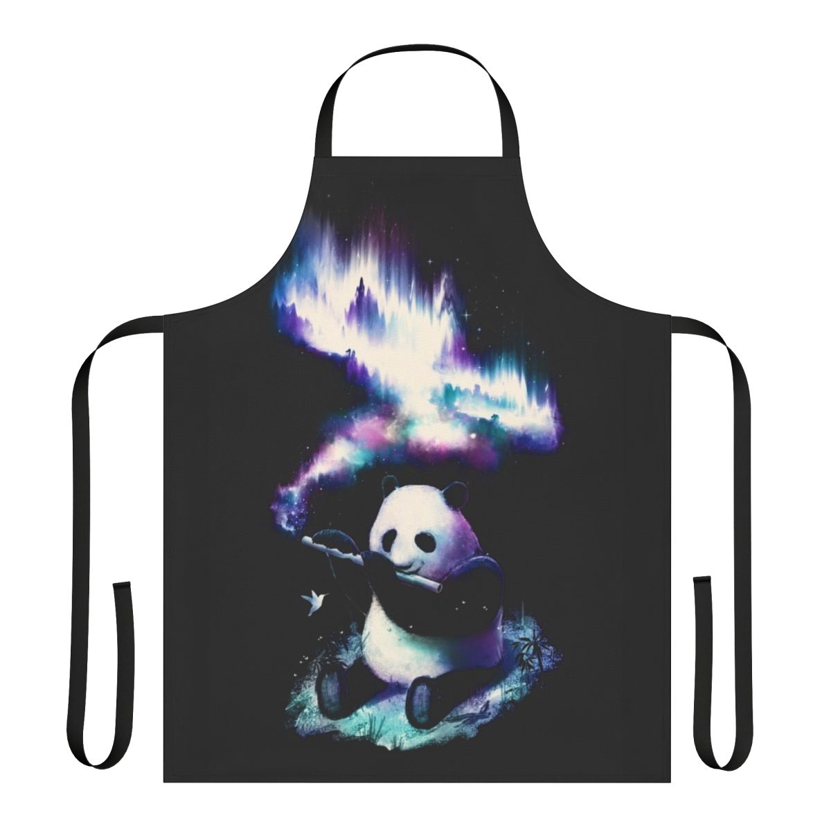 Apron featuring a design with a panda, music notes, stars, and a galaxy background