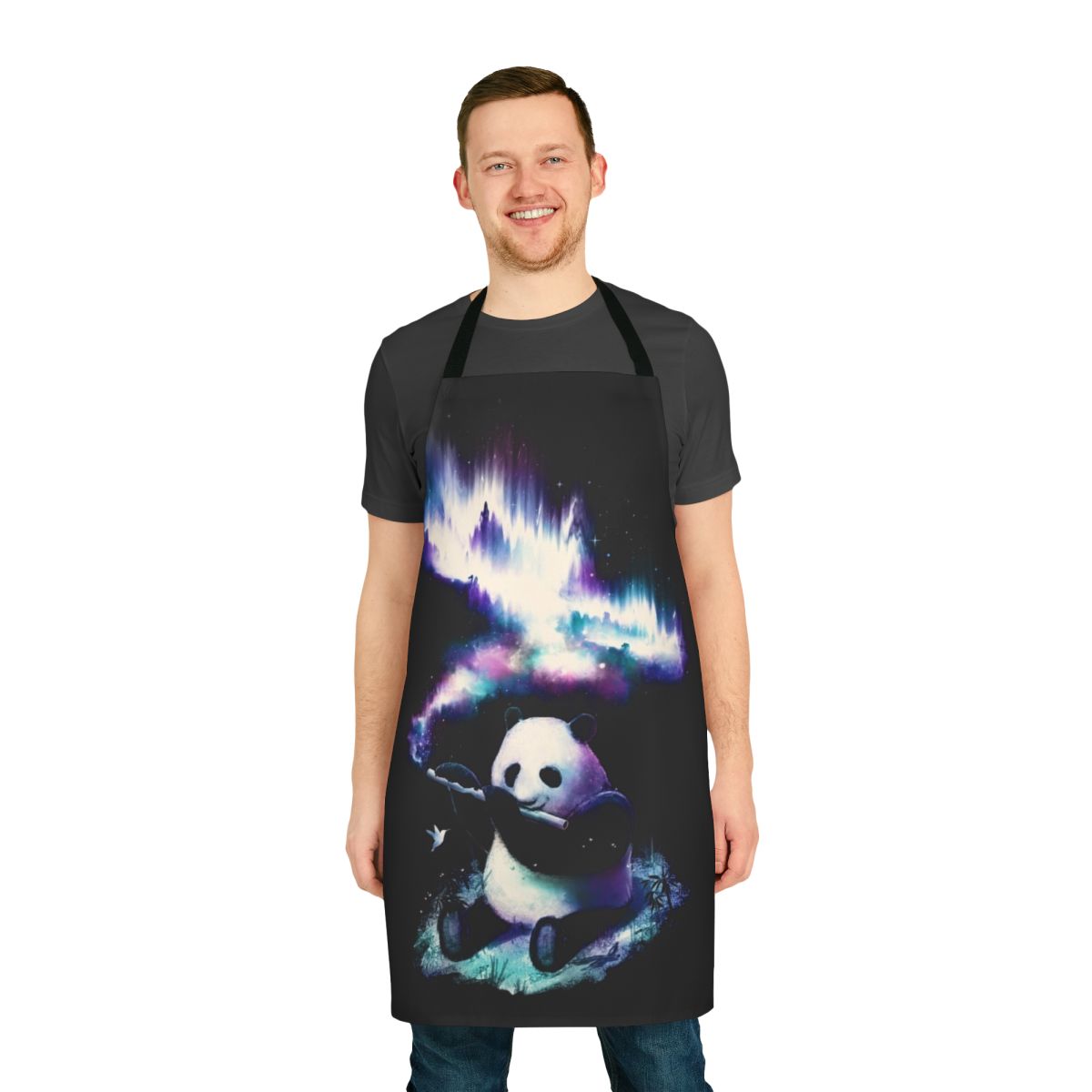 Apron featuring a design with a panda, music notes, stars, and a galaxy background
