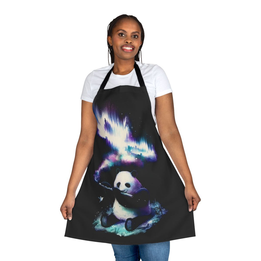 Apron featuring a design with a panda, music notes, stars, and a galaxy background