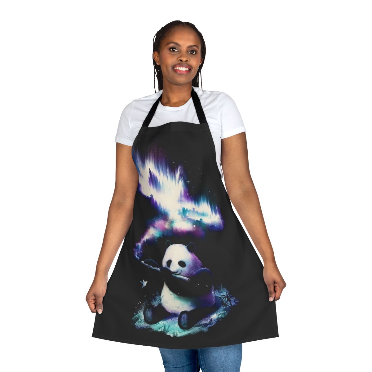 Apron featuring a design with a panda, music notes, stars, and a galaxy background