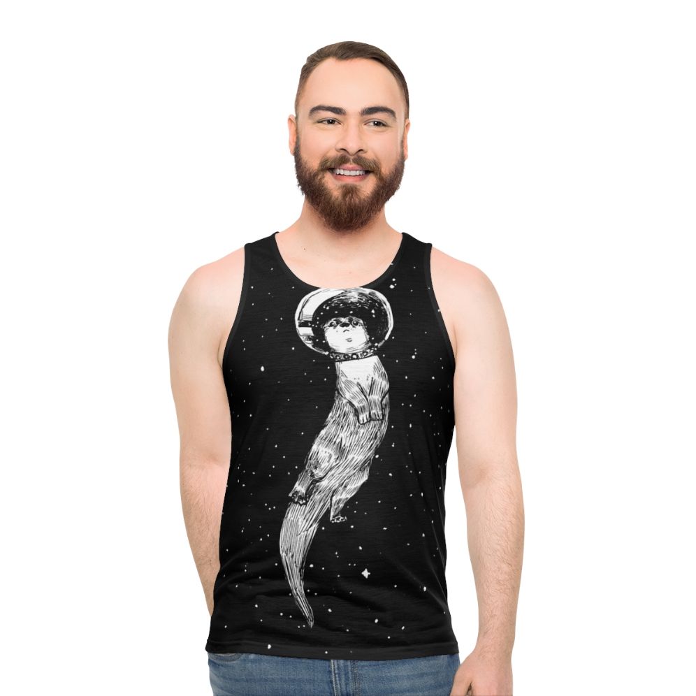 Unisex tank top with an otter drifting through outer space design