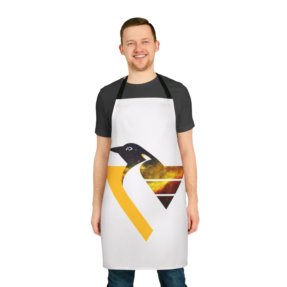 Nebula-inspired apron featuring a throwback penguin design