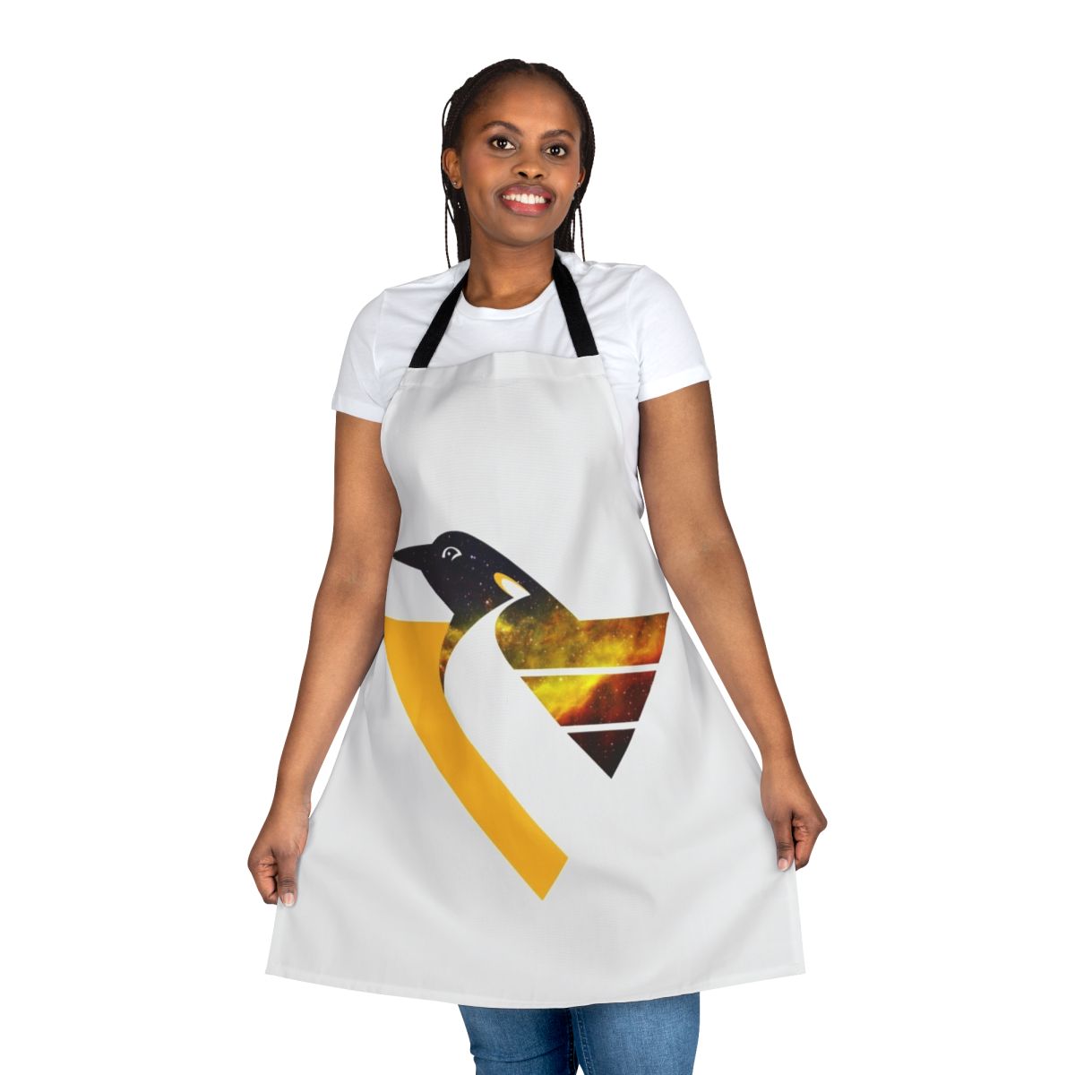 Nebula-inspired apron featuring a throwback penguin design