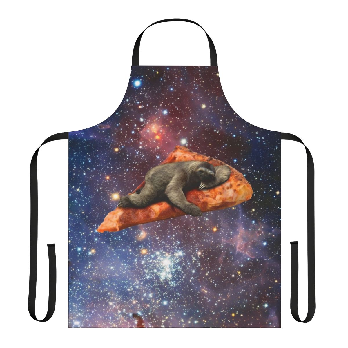 Cosmic Pizza Sloth Apron featuring a sloth riding a pizza through the galaxy