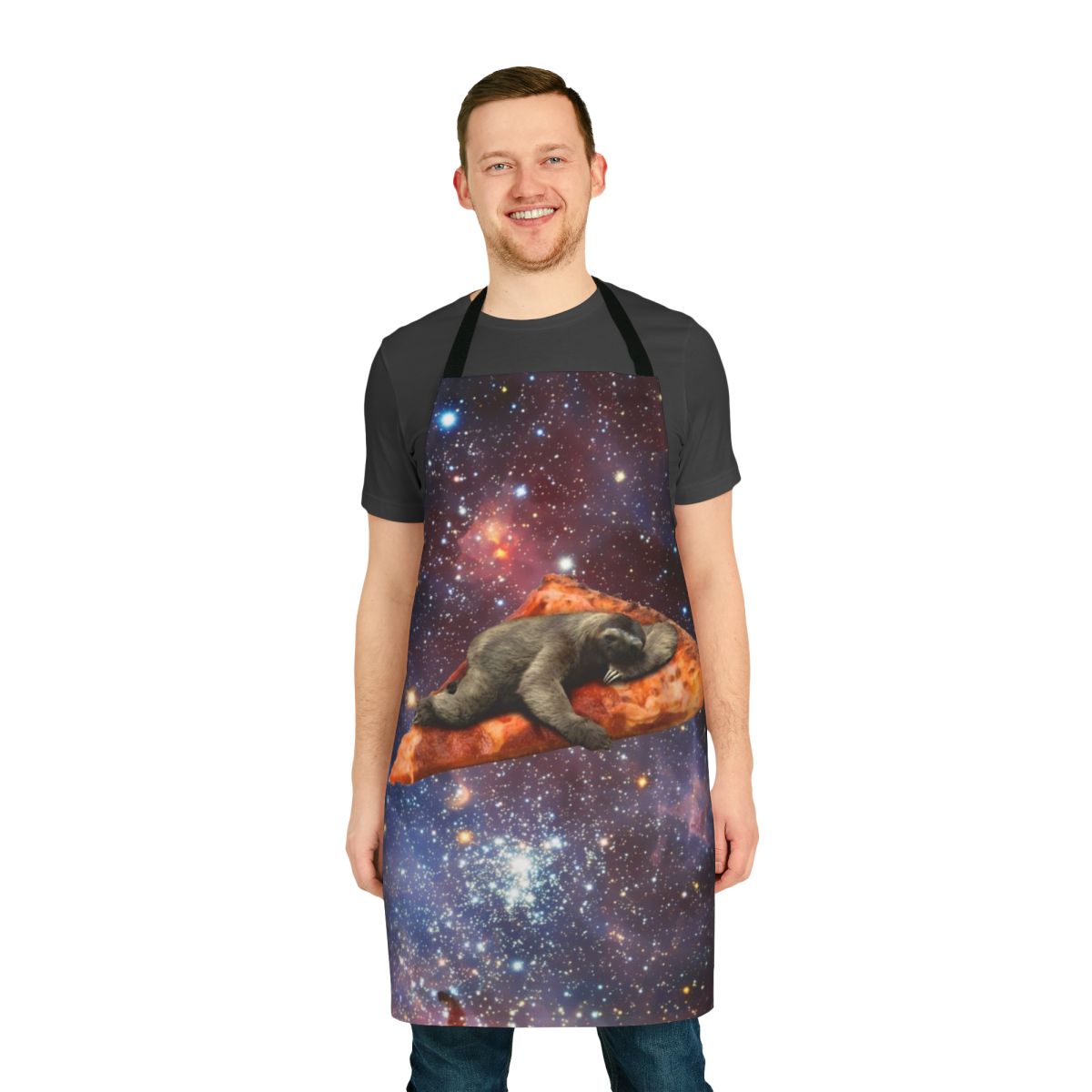 Cosmic Pizza Sloth Apron featuring a sloth riding a pizza through the galaxy