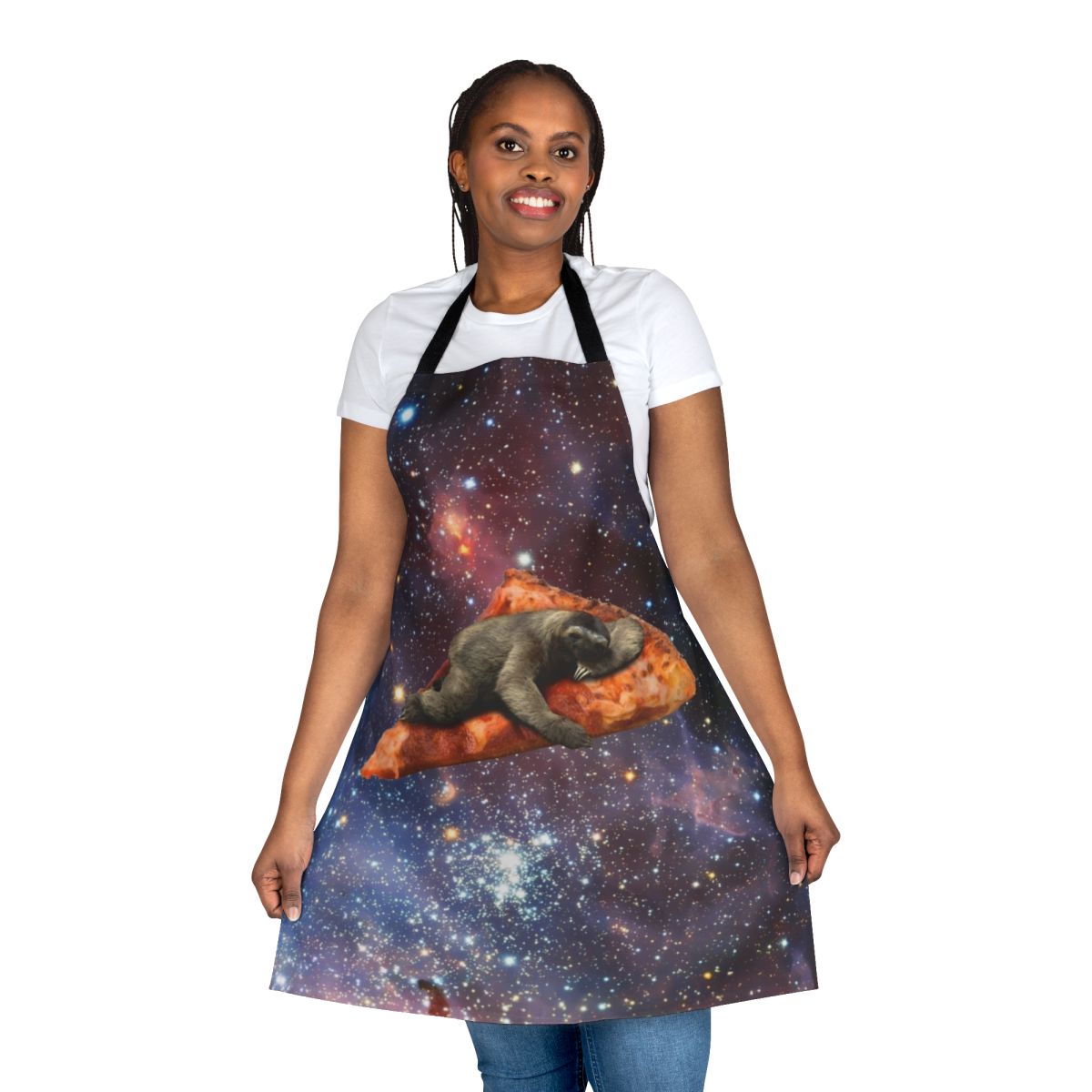 Cosmic Pizza Sloth Apron featuring a sloth riding a pizza through the galaxy