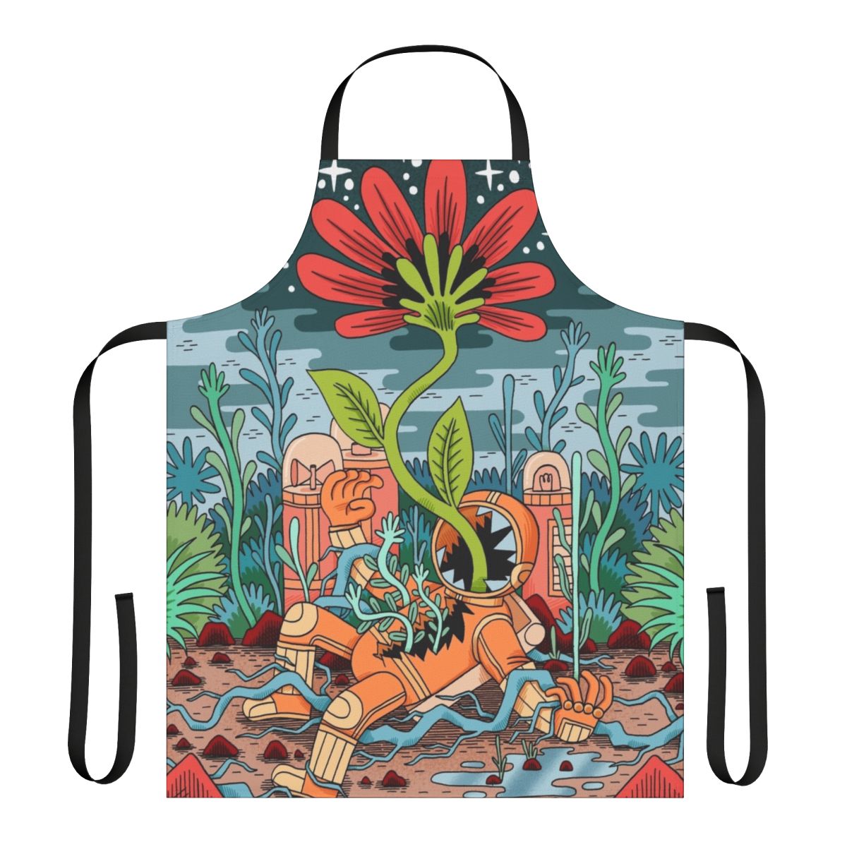 Apron featuring abstract cosmic plants and astronaut imagery