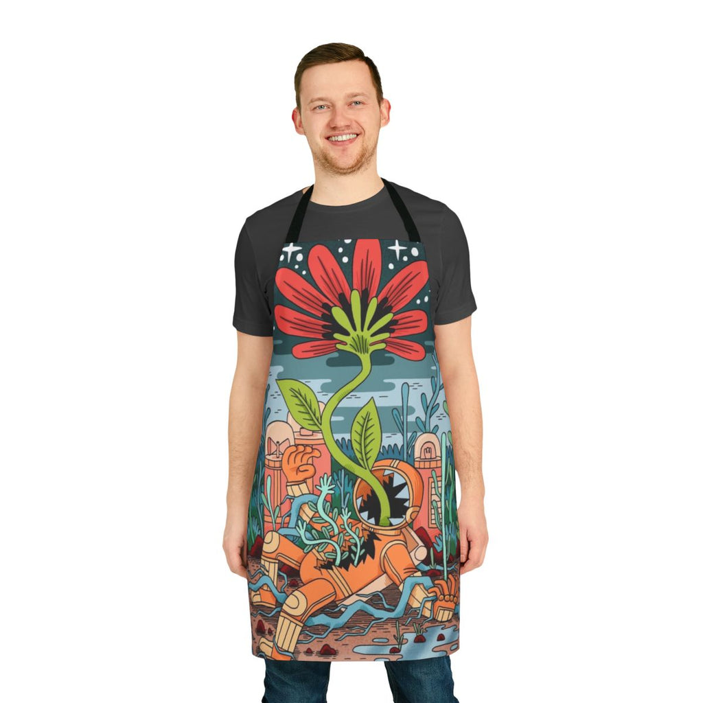 Apron featuring abstract cosmic plants and astronaut imagery