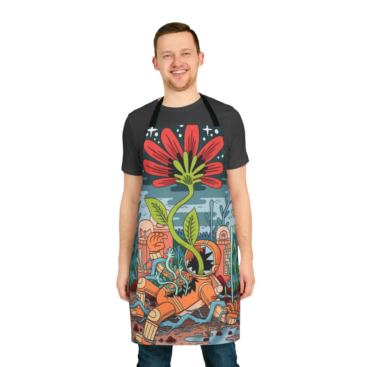Apron featuring abstract cosmic plants and astronaut imagery