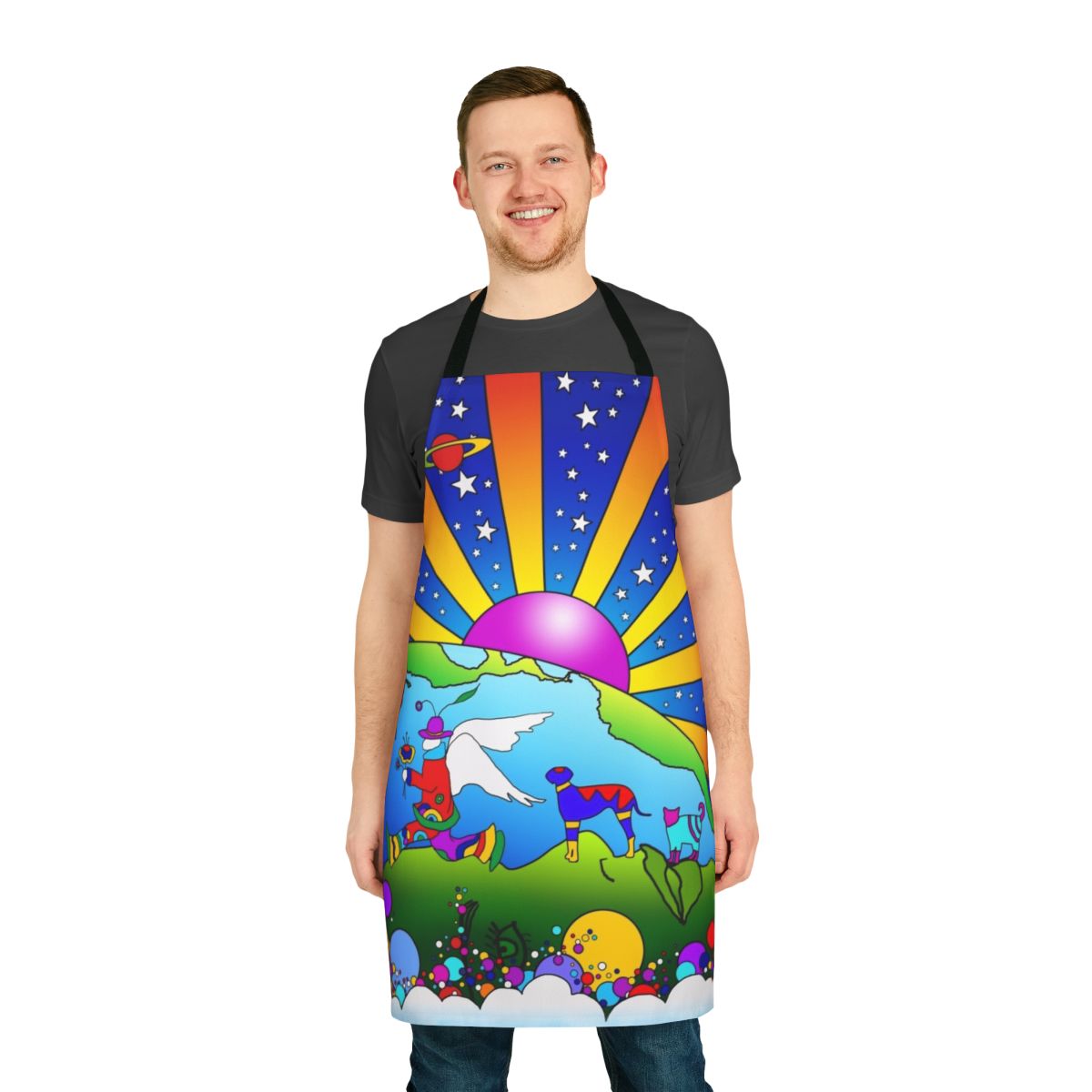 Vibrant and psychedelic apron featuring cosmic and retro-inspired design elements