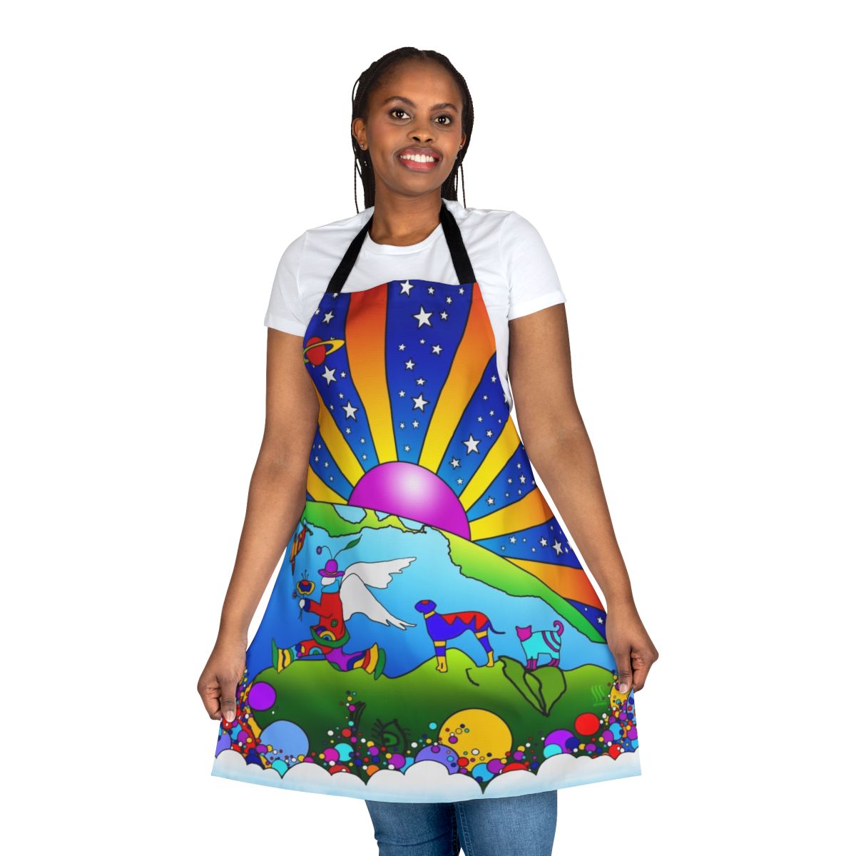 Vibrant and psychedelic apron featuring cosmic and retro-inspired design elements