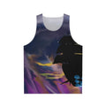 Unisex tank top featuring a sailing ship silhouette in a starry galaxy design