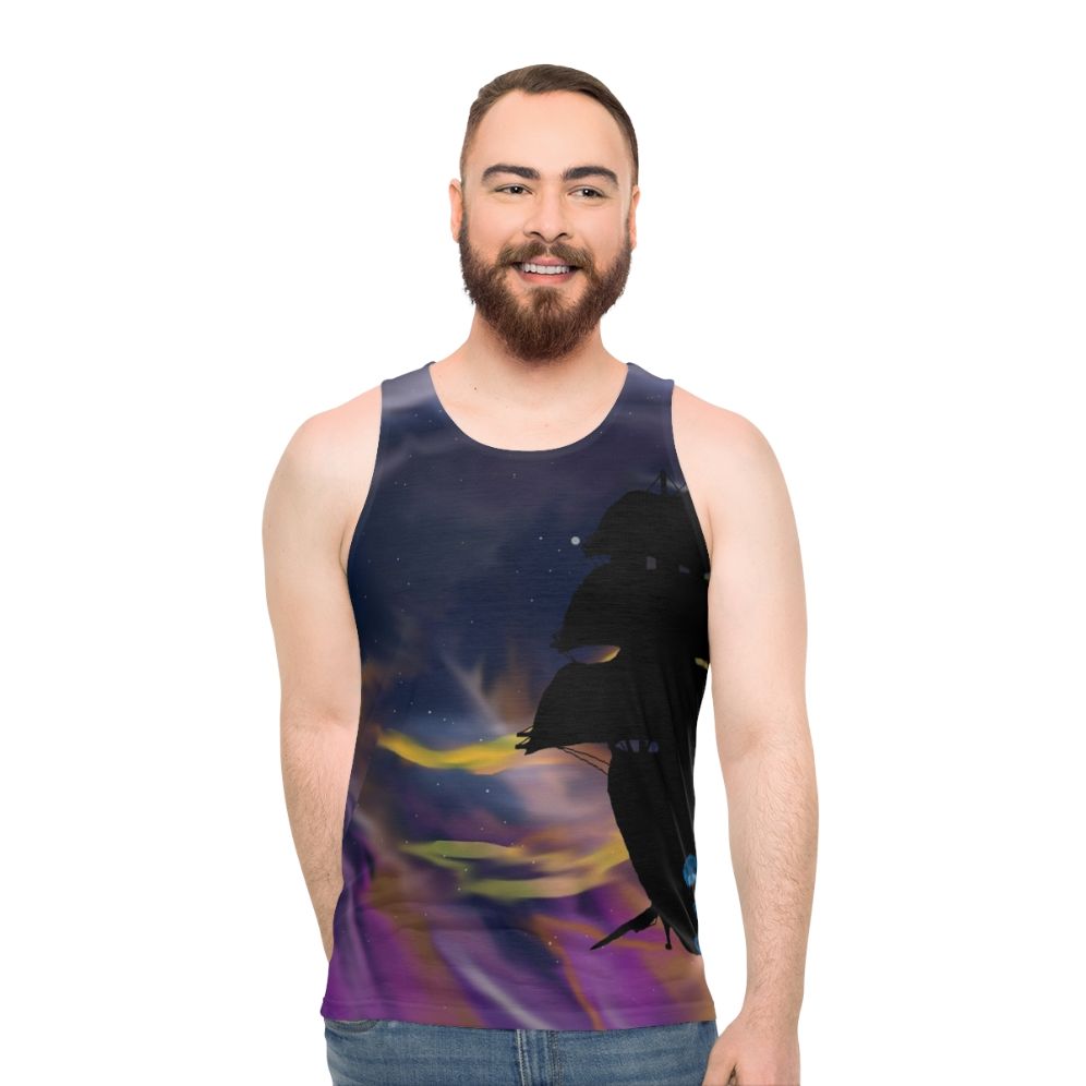 Unisex tank top featuring a sailing ship silhouette in a starry galaxy design