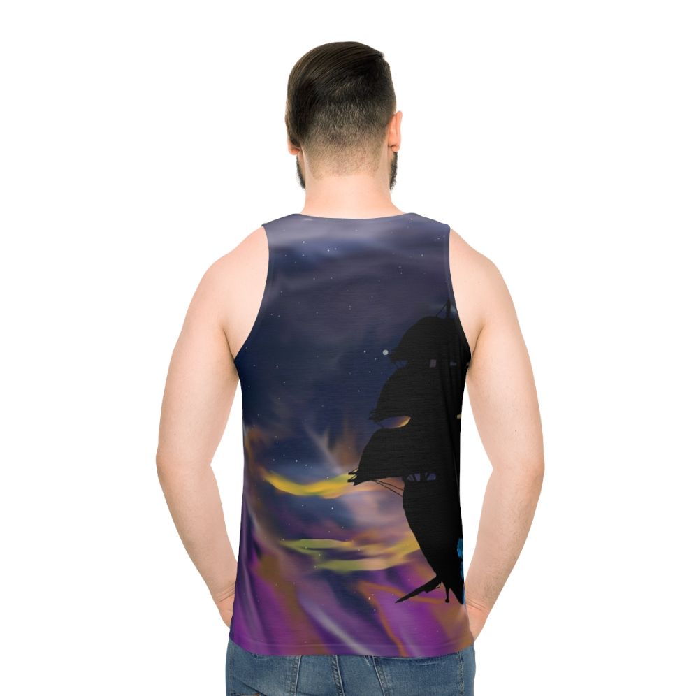Unisex tank top featuring a sailing ship silhouette in a starry galaxy design
