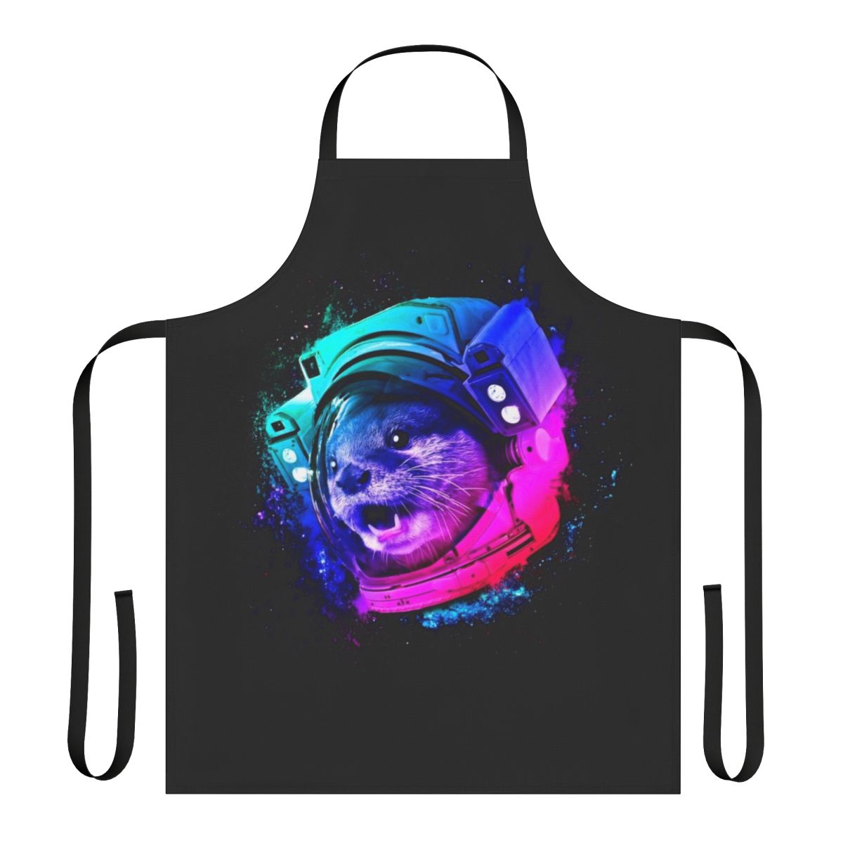 Whimsical apron featuring a sea otter in a space helmet surrounded by stars, galaxies, and rainbows