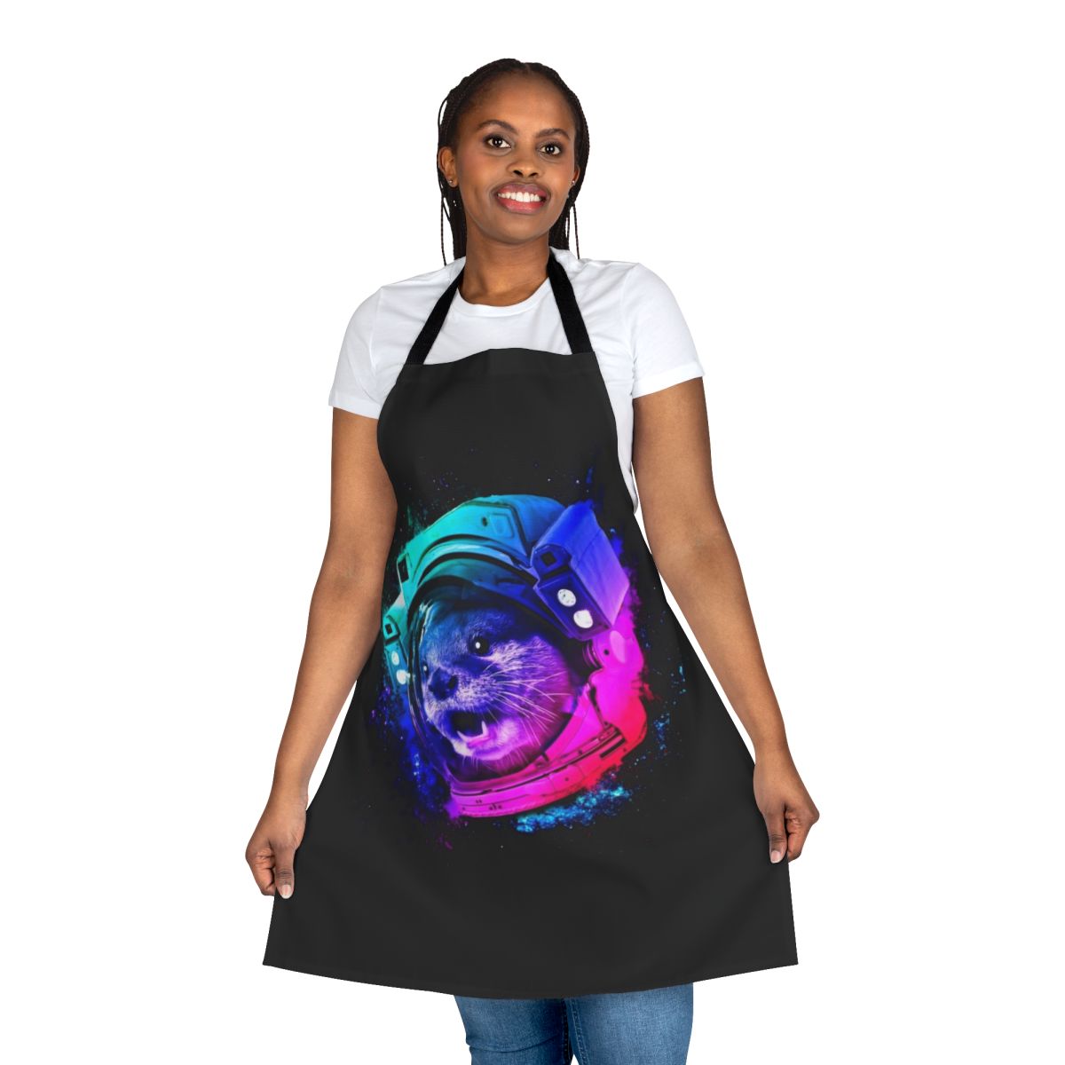 Whimsical apron featuring a sea otter in a space helmet surrounded by stars, galaxies, and rainbows