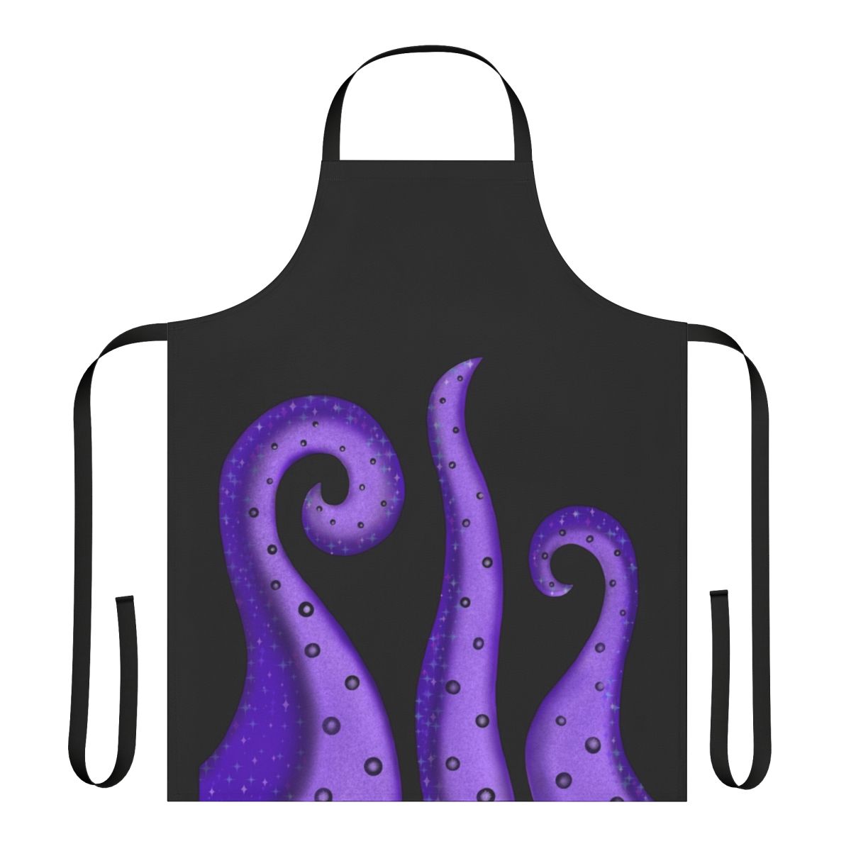 Model wearing a pastel galaxy print apron with tentacle design, inspired by the Disney villain Ursula.