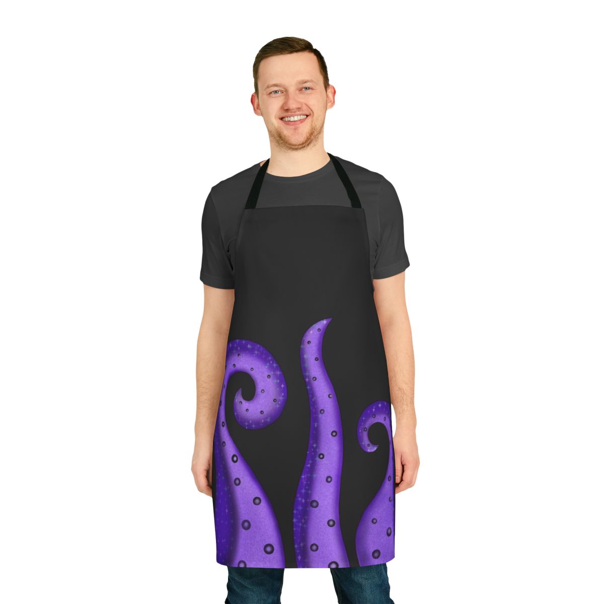 Model wearing a pastel galaxy print apron with tentacle design, inspired by the Disney villain Ursula.