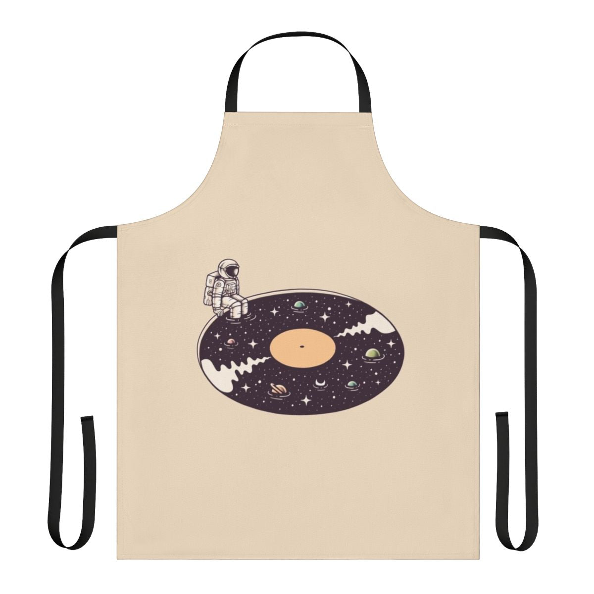 Cosmic Sound Apron featuring a surreal space-themed design with planets, stars, and cosmic elements