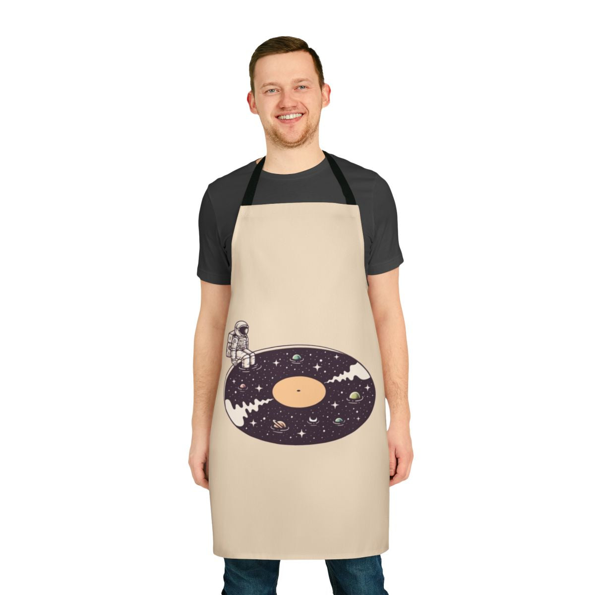 Cosmic Sound Apron featuring a surreal space-themed design with planets, stars, and cosmic elements
