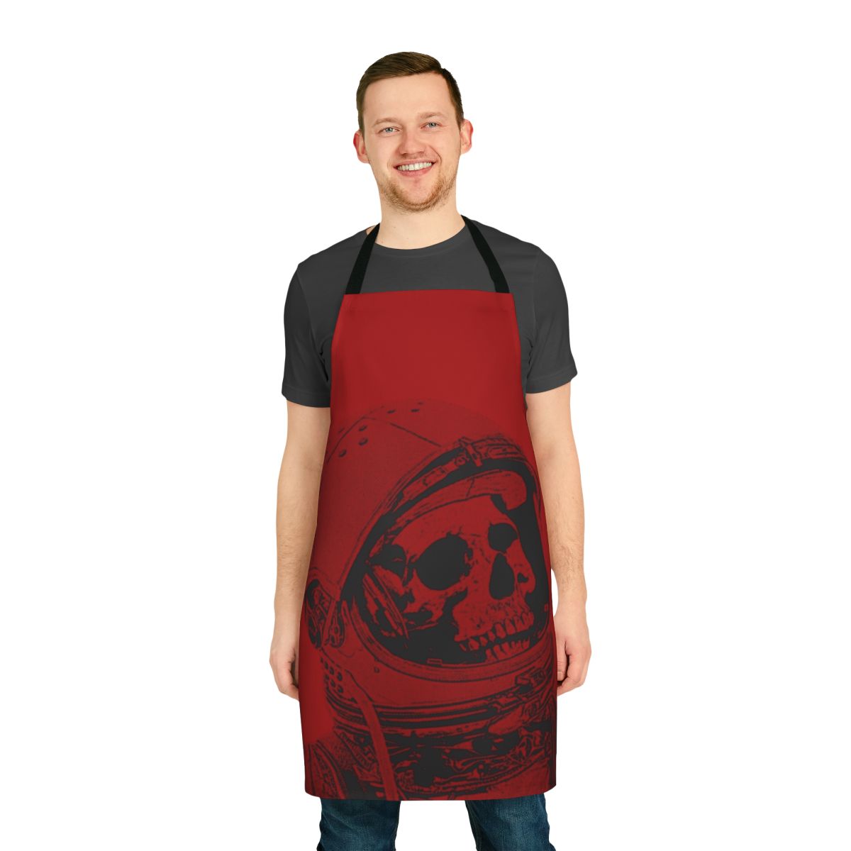 Cosmic space exploration apron featuring a skull design and planetary motifs