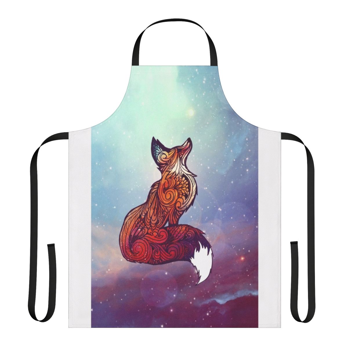 Photo of a space-themed apron featuring a fox in a cosmic nebula setting