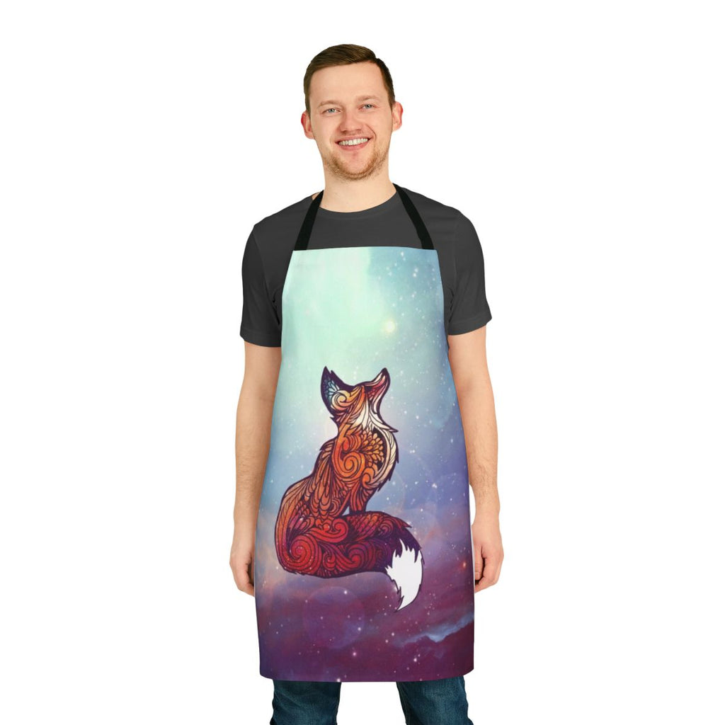 Photo of a space-themed apron featuring a fox in a cosmic nebula setting