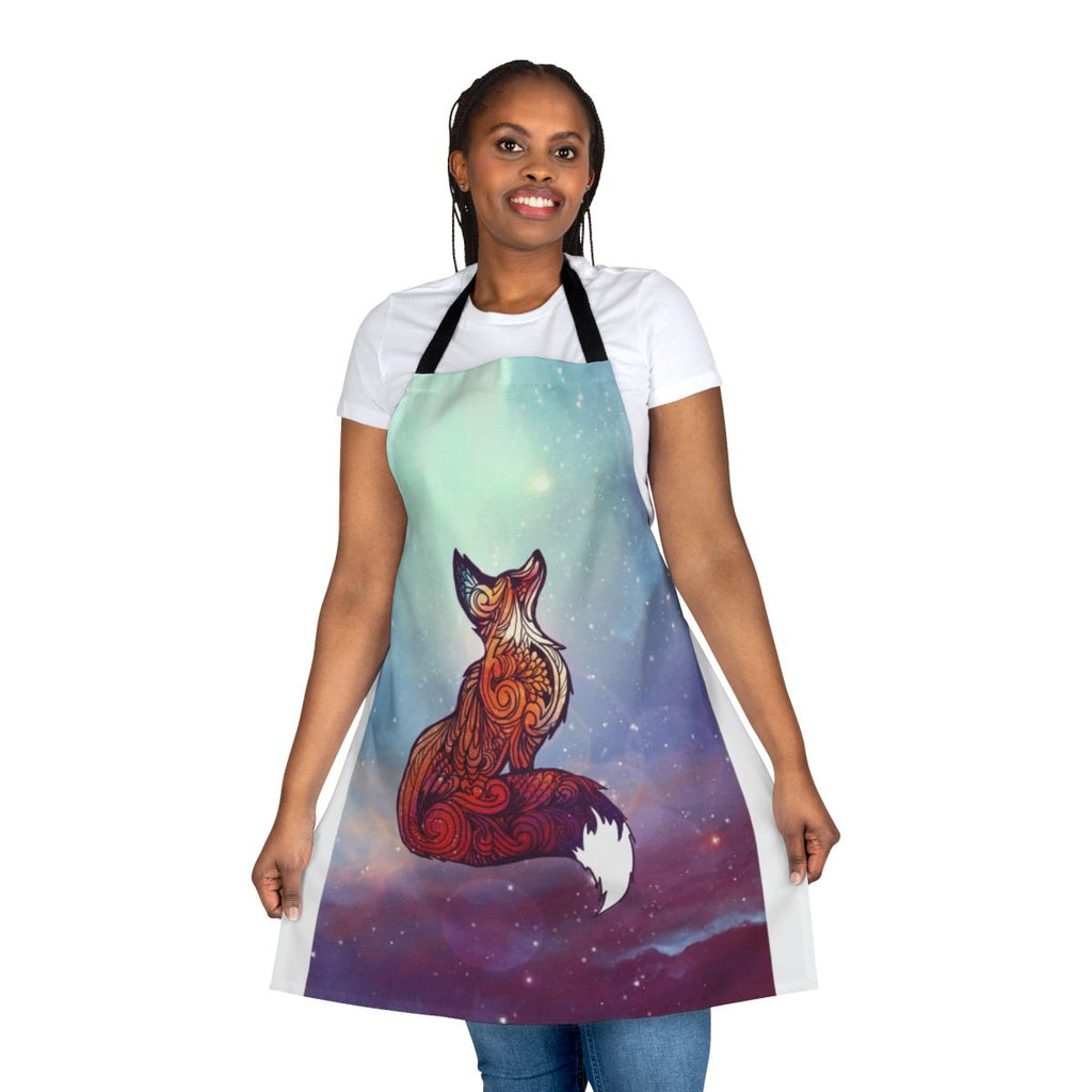 Photo of a space-themed apron featuring a fox in a cosmic nebula setting