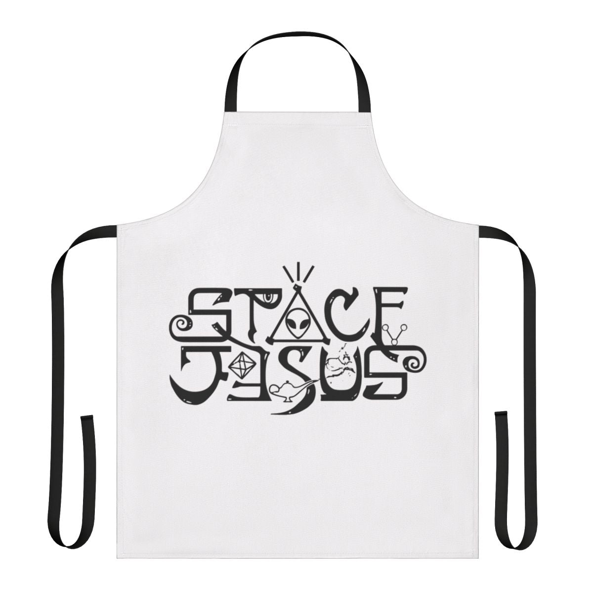 Vibrant apron featuring a stylized space-themed graphic design
