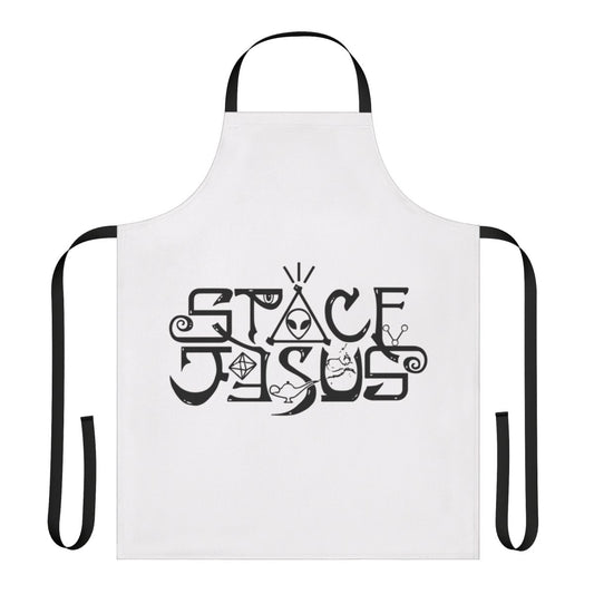 Vibrant apron featuring a stylized space-themed graphic design
