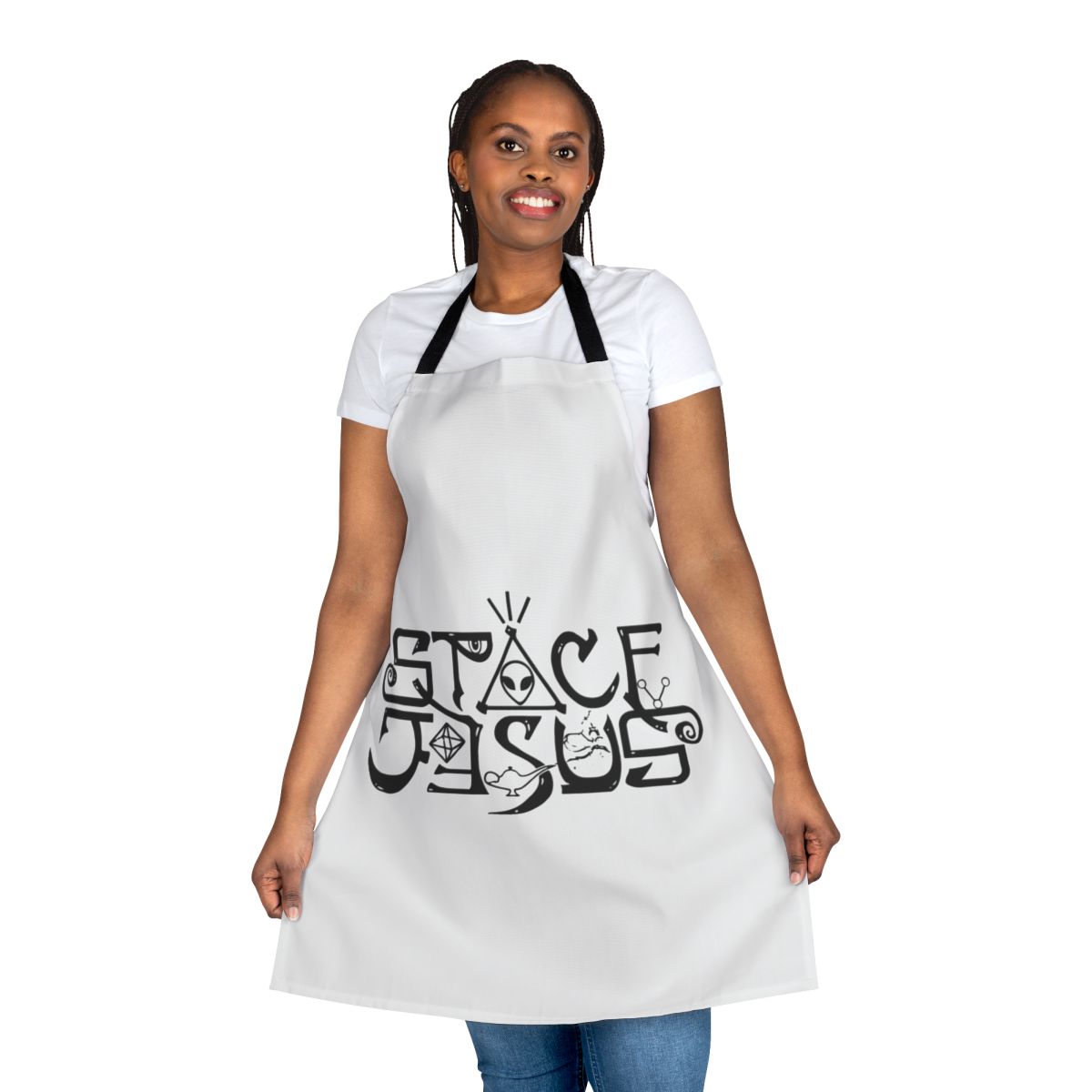Vibrant apron featuring a stylized space-themed graphic design