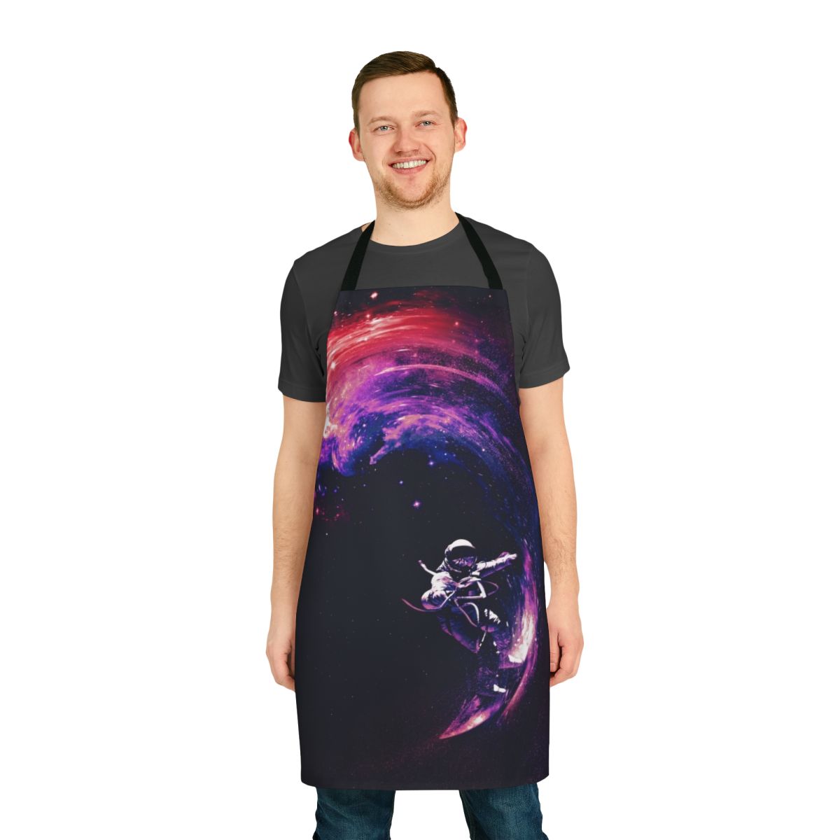 Colorful space themed apron with galaxy, stars, and cosmic design