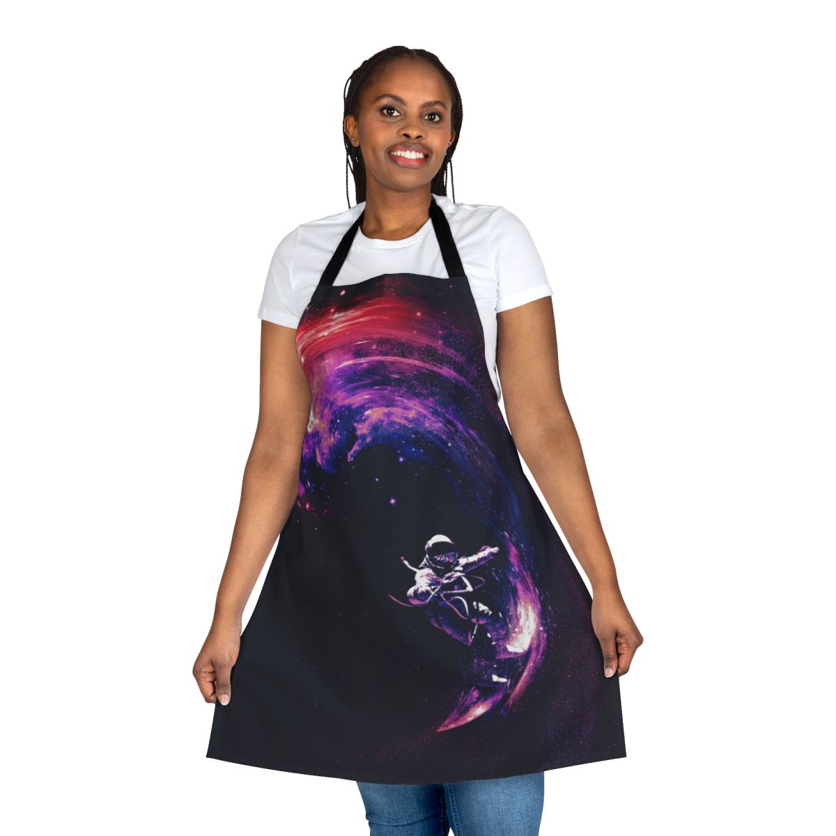 Colorful space themed apron with galaxy, stars, and cosmic design