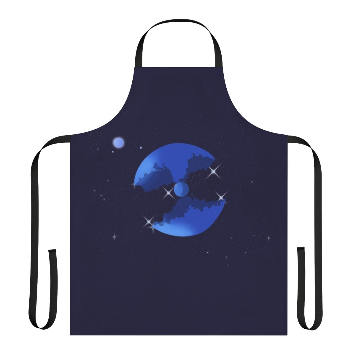 Cosmic space-themed apron featuring retro 80s cartoon robot designs