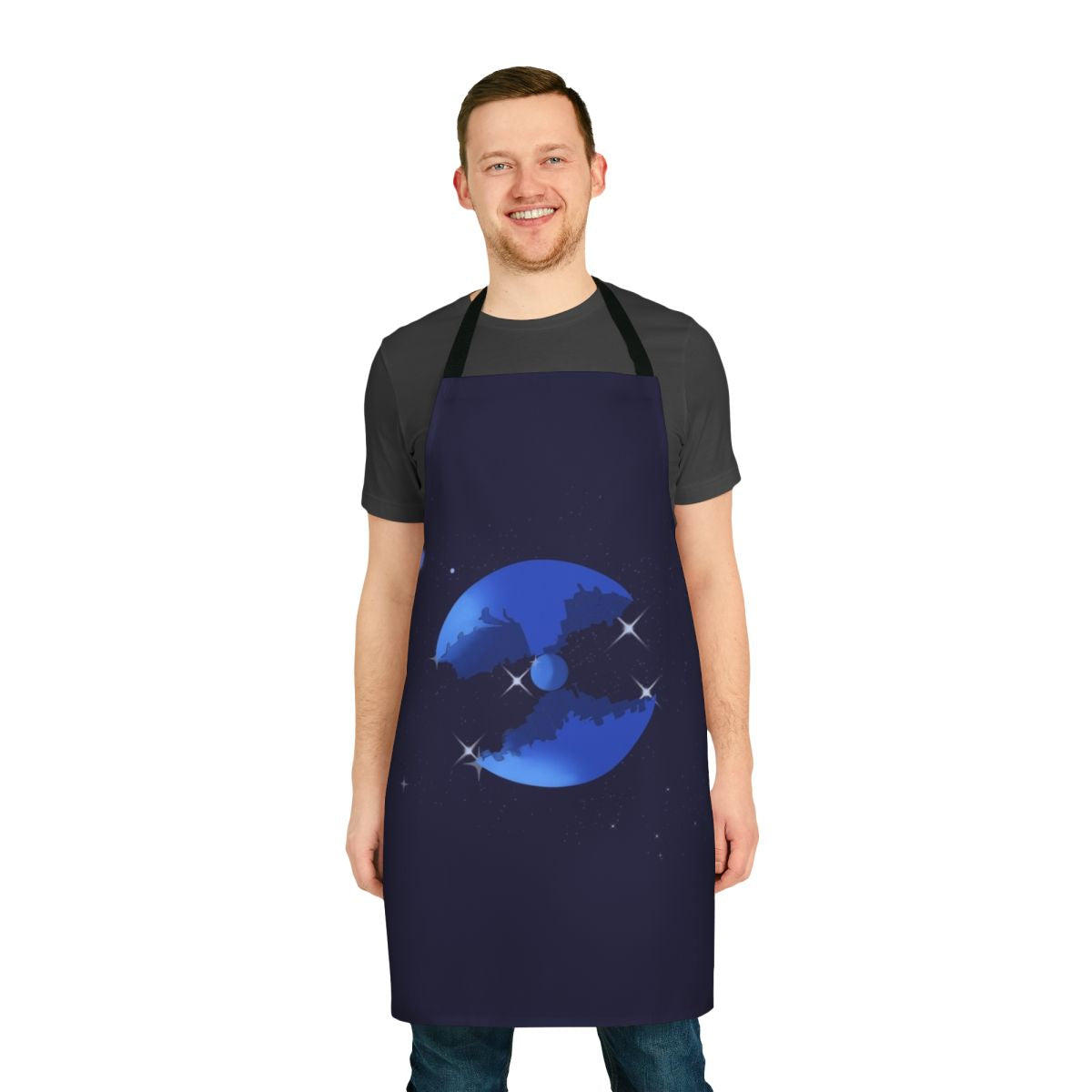 Cosmic space-themed apron featuring retro 80s cartoon robot designs