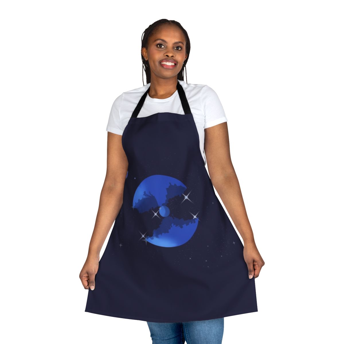 Cosmic space-themed apron featuring retro 80s cartoon robot designs