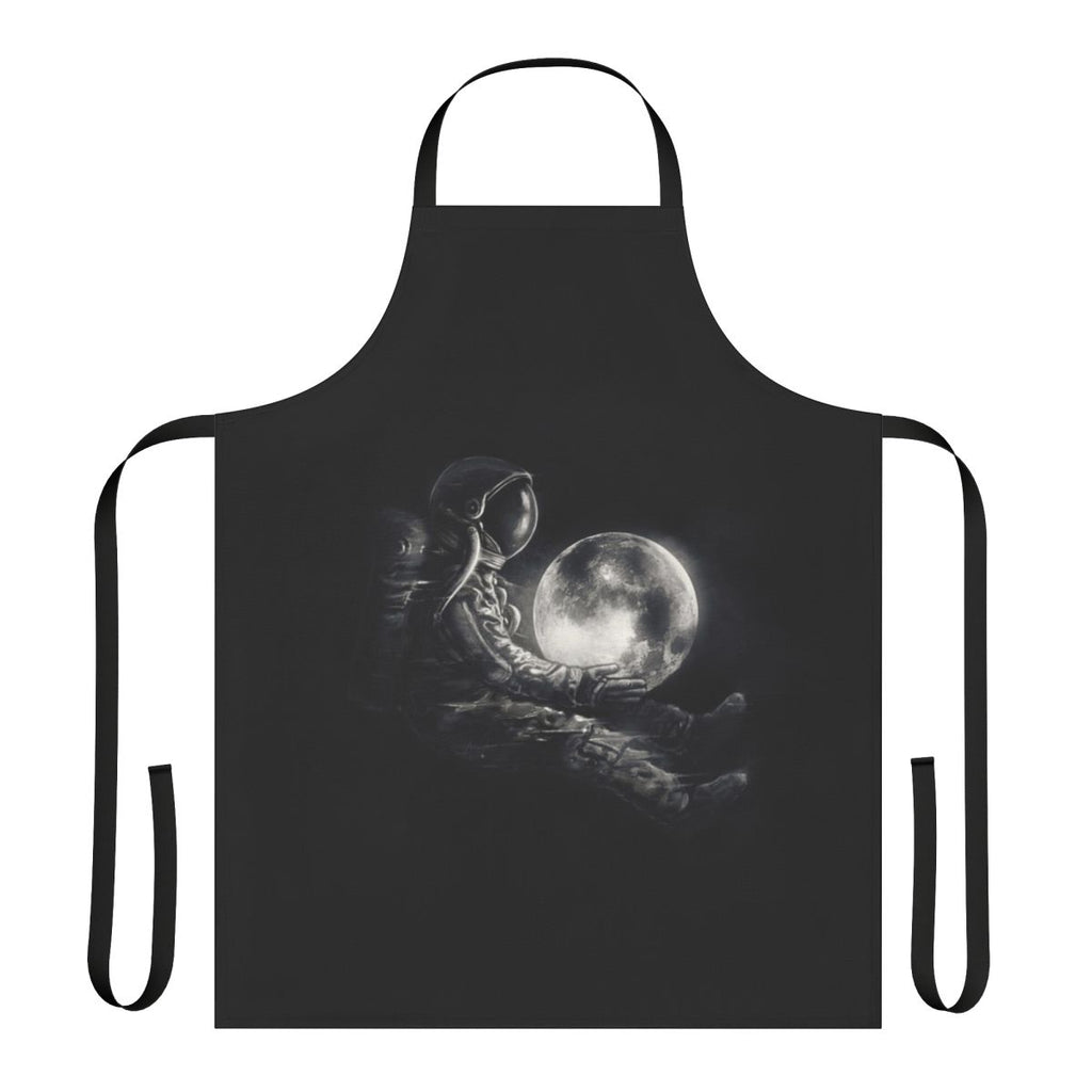 Black and white image of an apron with a surreal, space-inspired design featuring planets, stars, and an astronaut silhouette.
